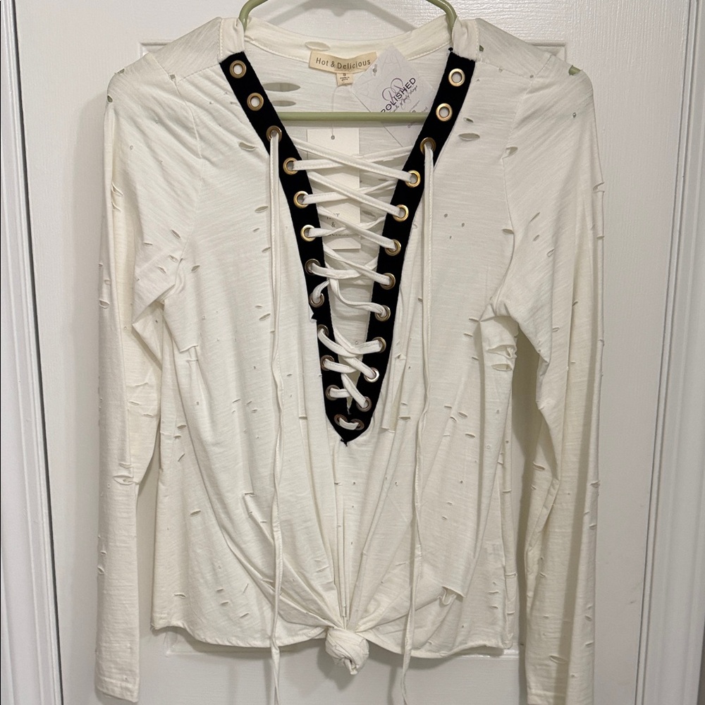 Hot & Delicious White Long-Sleeve Top with Black Lace-Up V Detail